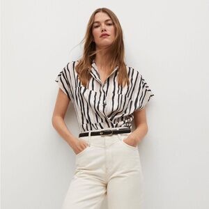 MNG Black Ivory Striped Button Up Oversized Blouse Size Small